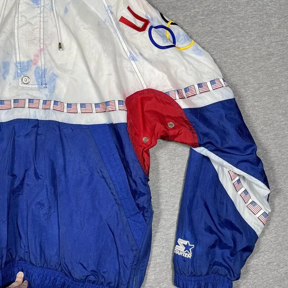 Vintage Starter Windbreaker Jacket Mens L Blue USA Olympic Hooded Pockets Lined